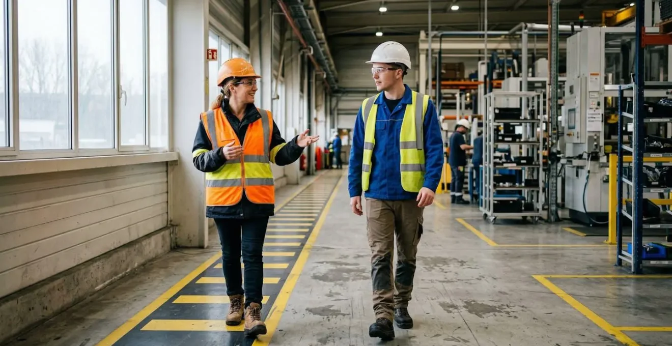 Responsable sécurité montrant une zone de travail à un nouvel employé équipé d'EPI dans un couloir industriel