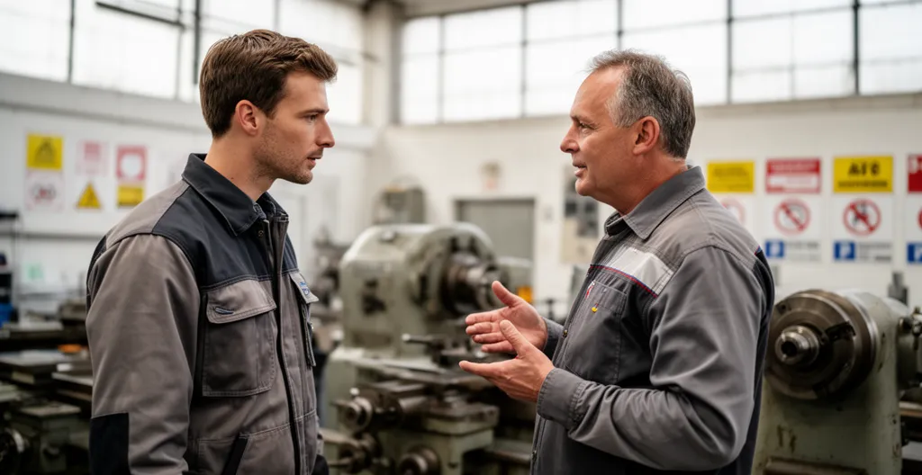 Nouvel employé recevant une explication de sécurité près d'une machine industrielle