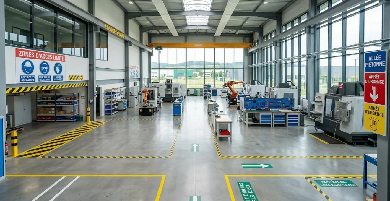 Vue en plongée d'un atelier industriel moderne avec postes de travail organisés, marquages au sol de sécurité et panneaux de signalétique, baigné de lumière naturelle