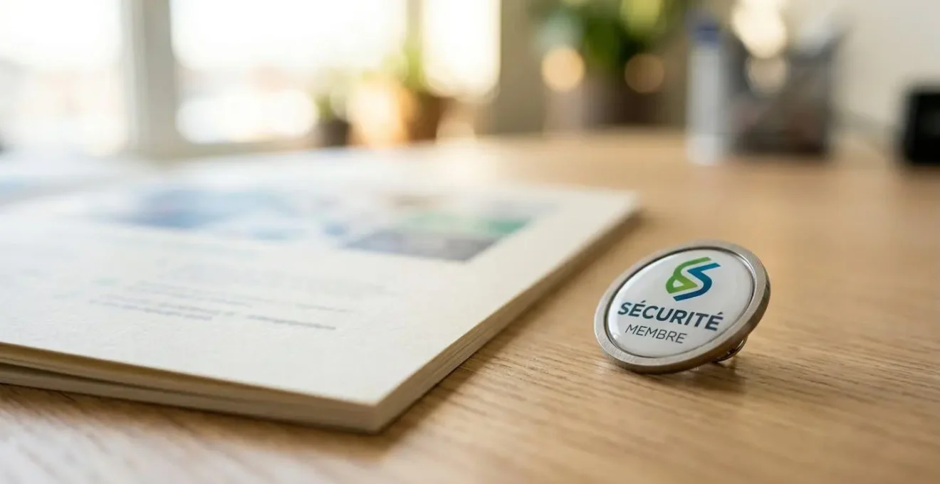Gros plan sur un badge de sécurité et un livret d'accueil ouvert posés sur une surface de bureau moderne épurée avec un stylo
