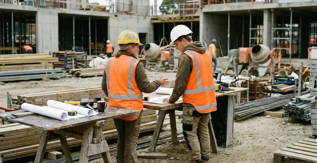 Un chef d'équipe et un nouvel arrivant regardent ensemble un poste de travail sur un chantier, casques de sécurité visibles, vue de trois-quarts dos