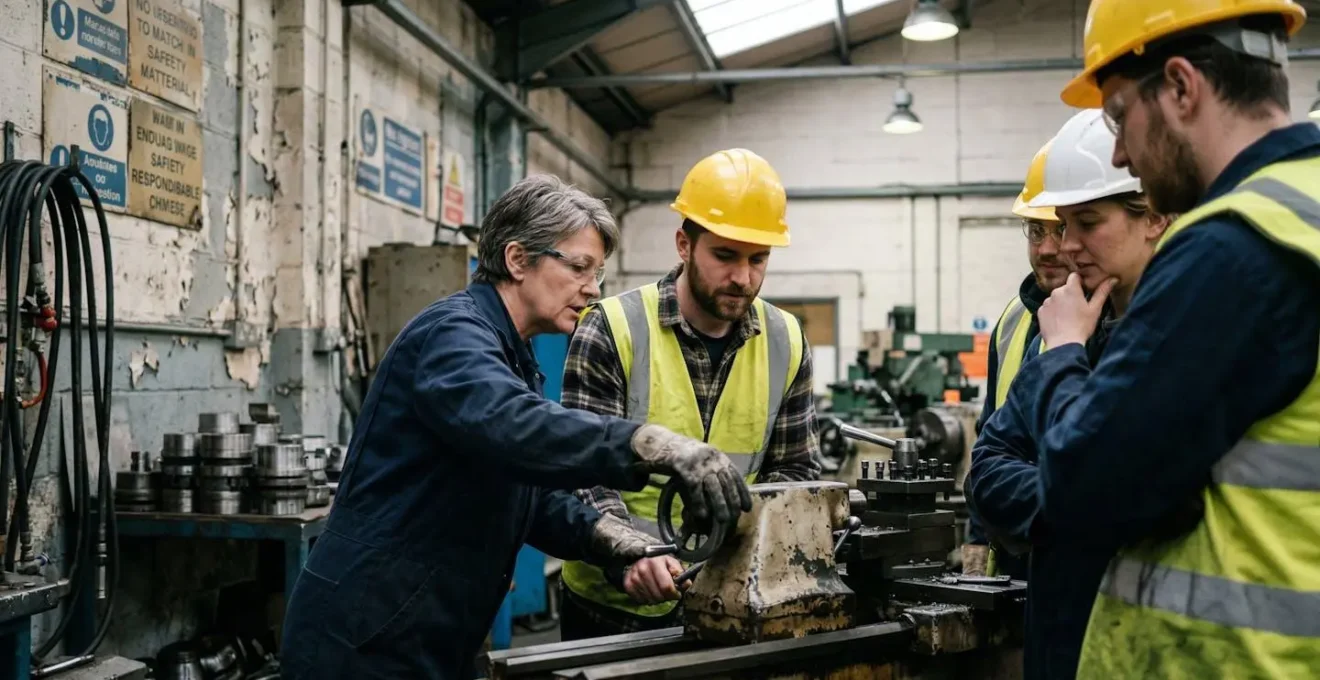 Un petit groupe de travailleurs en formation pratique autour d'un équipement de sécurité, un formateur montre un geste technique, vue de côté