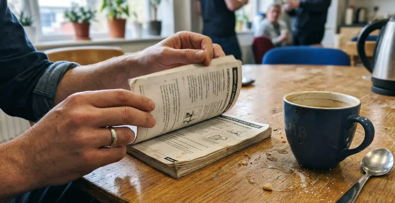 Des mains d'un employé feuilletent un livret de sécurité posé sur une table de salle de pause, un gobelet de café visible à côté